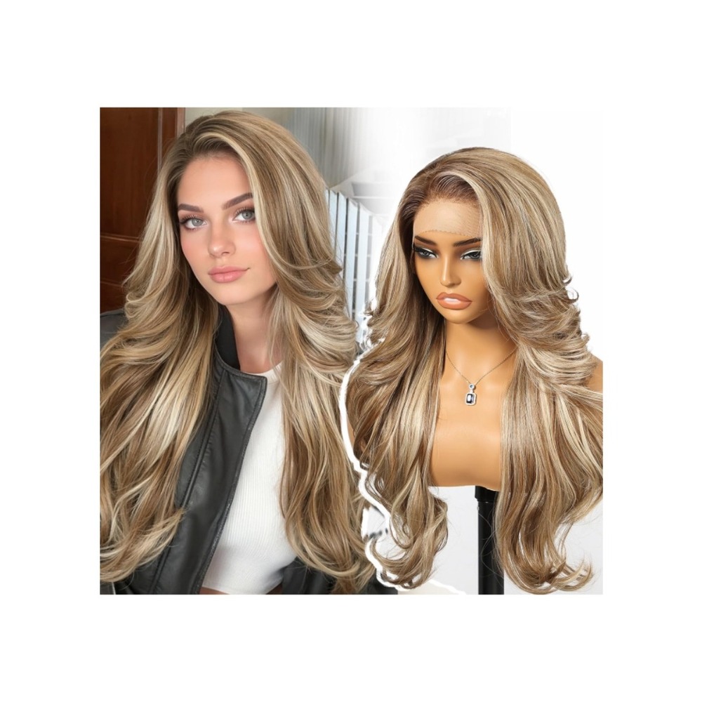 Ash Blonde Highlight Synthetic Lace Front Wig 13x4 HD Lace 26in Layered Wave